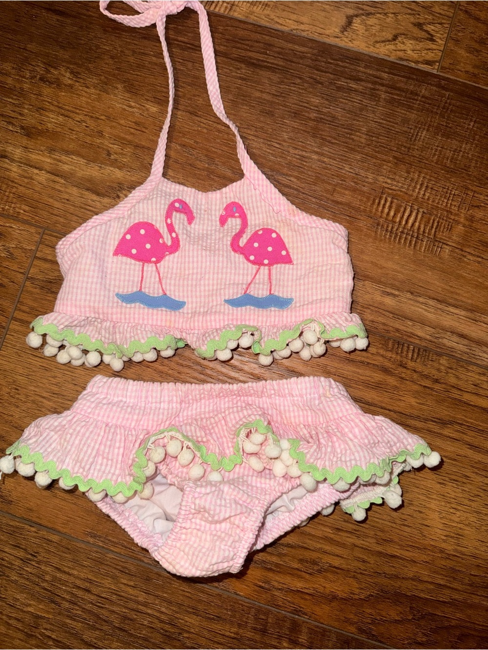 Girls Pink Flamingo Two-Piece Swim Bikini with Pom Trim stitchy Fish 18 mo